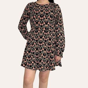Forever 21 Black Multicolored Floral Flirty Long Sleeve Ruffle Mini Skater Dress